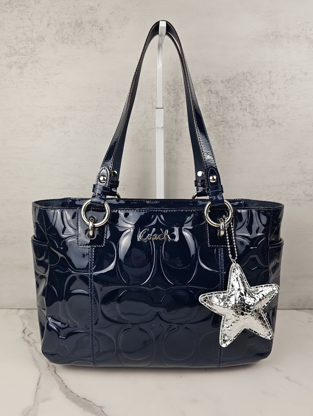 Coach Navy Blue Embossed Patent Leather Shoulder Bag